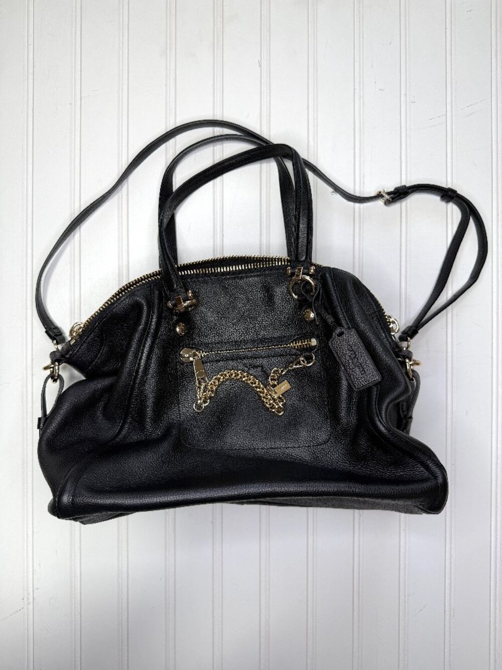 Coach Prairie Satchel Black Pebble Leather Chain Detail Bag CI346